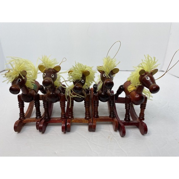 🐎 Set Of 5-Vintage Wooden Toy ORNAMENTS Rocking Horses Yarn Mane & Tail - Picture 10 of 14
